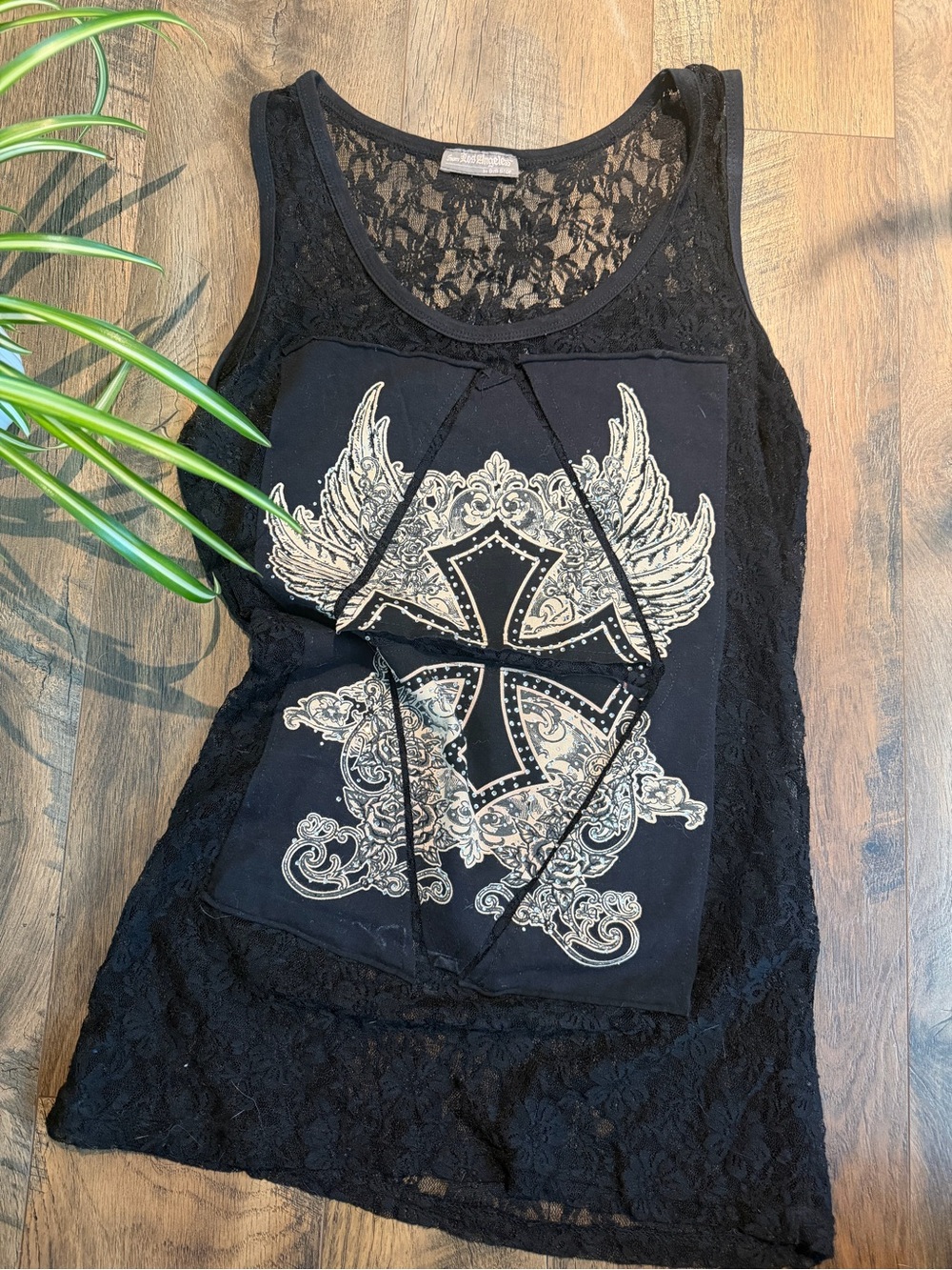 Los Angeles Black Lace Tank with Winged Cross Graphic